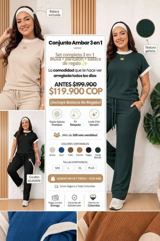 Conjunto Ámbar 3 en 1™: blusa + pantalón + balaca, cómodo y femenino